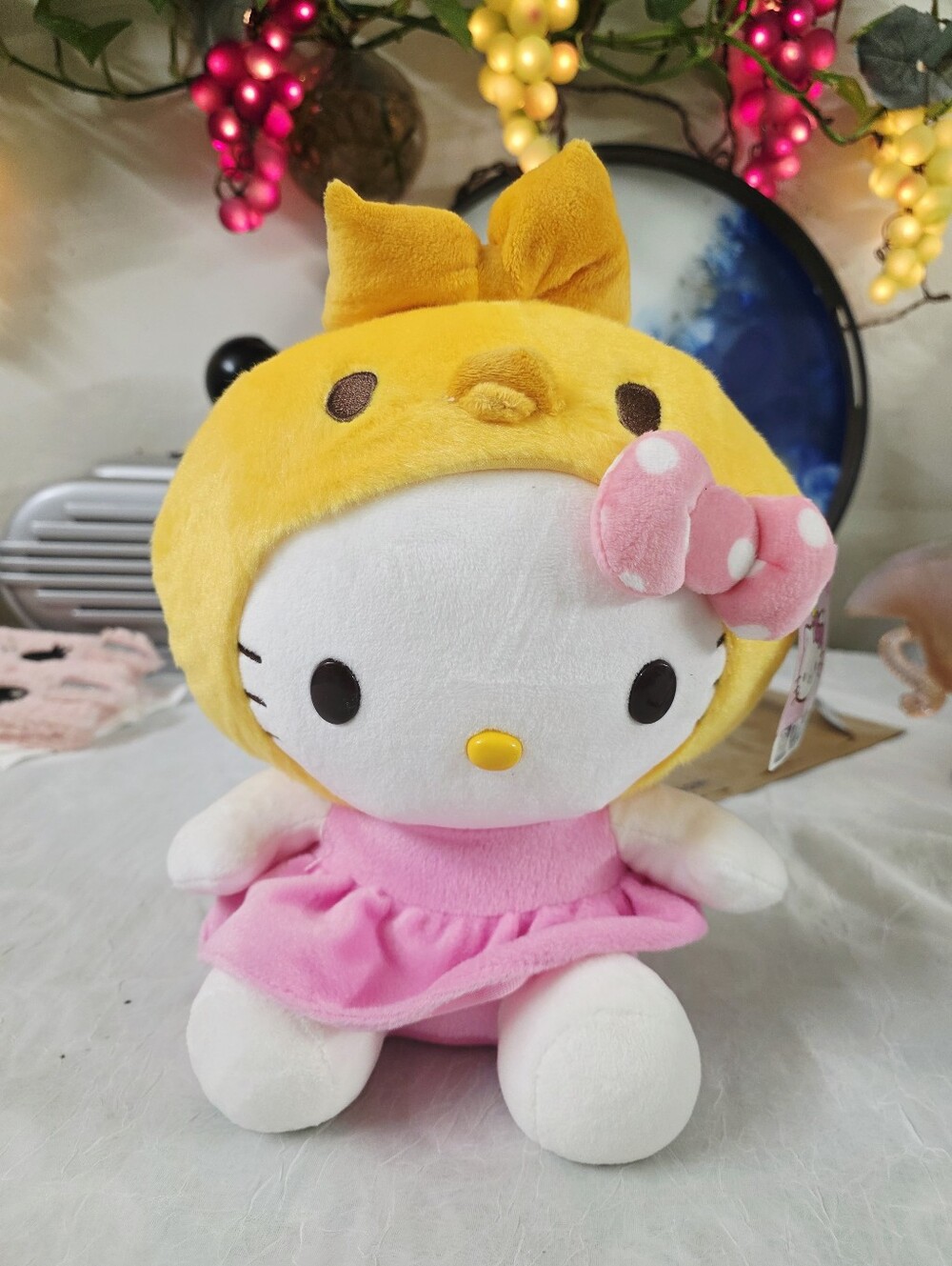 Hello Kitty Plush in Yellow Chick Hood with Pink Dress and Bow